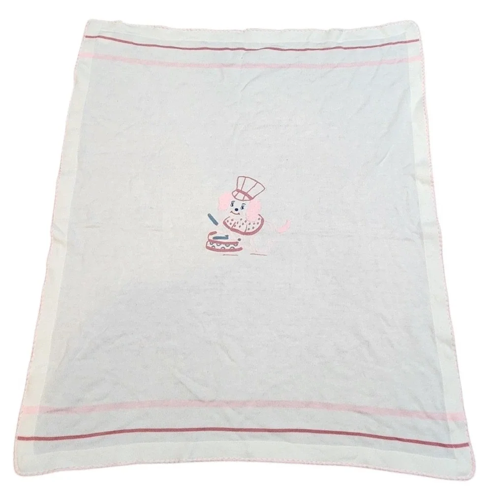 Vintage Nan-Knits by Nannette Baby Blanket Embroidered Poodle Chef Pink 04301
